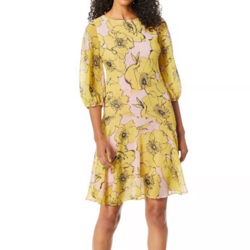 Taylor Elbow Balloon Sleeve Floral Print Chiffon Dress in Vibrant Yellow & Pink